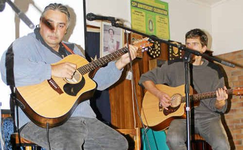 Artists Buddy Knox (left) and Rohan Power entertain the crowd at the Aboriginal cultural day. Artists Buddy Knox (left) and Rohan Power entertain the crowd at the Aboriginal cultural day.